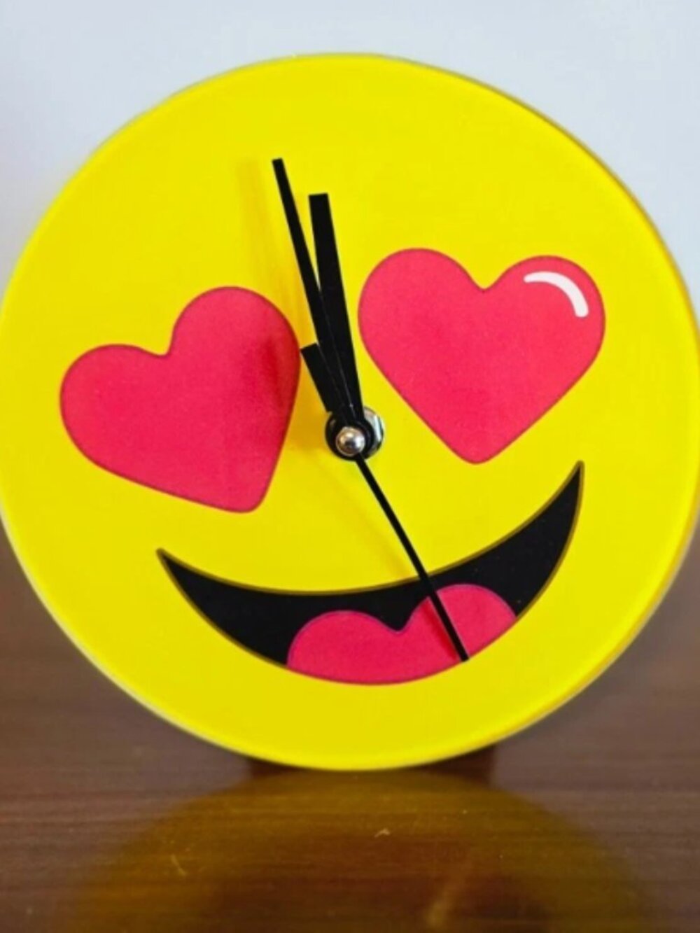 Yellow Emoji Clock With Heart eyes. Standing or wall mount